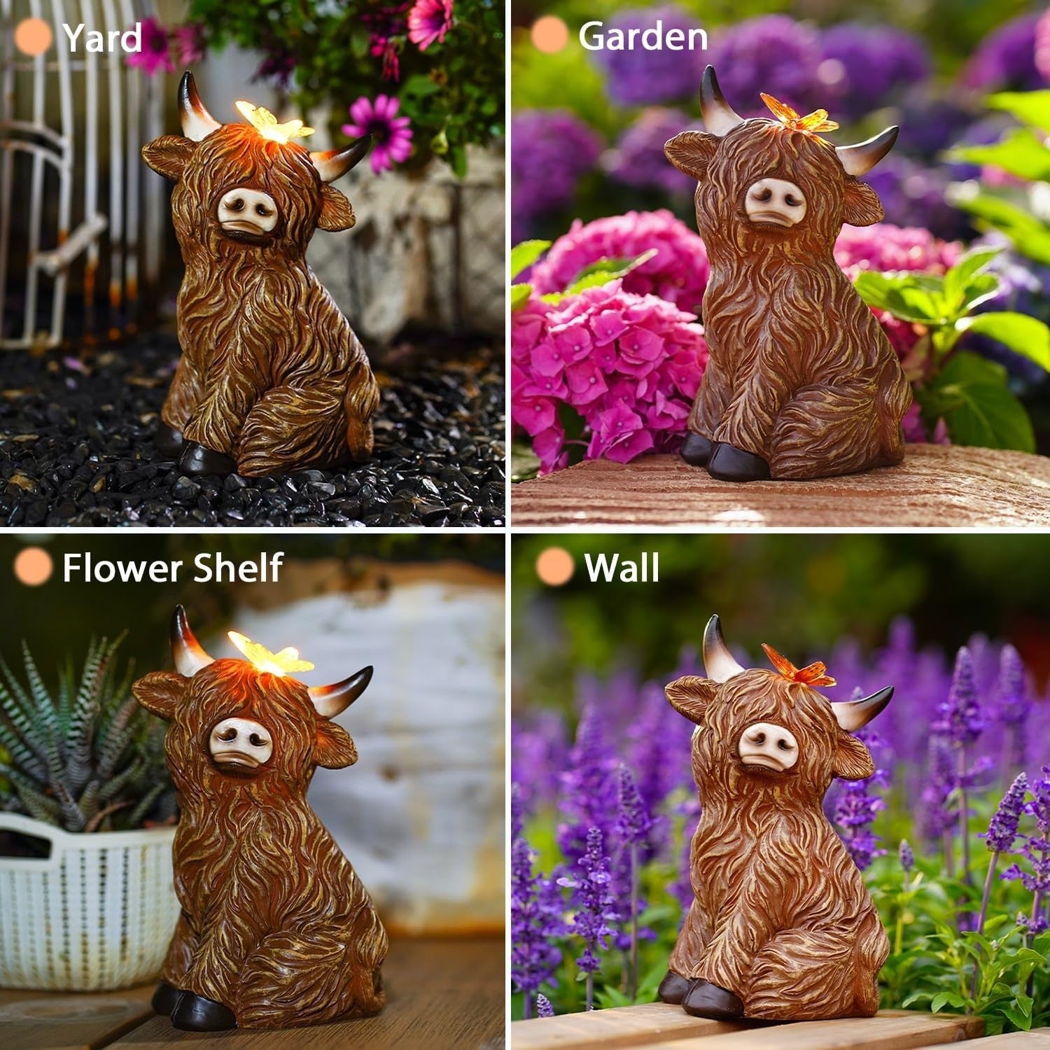 Solar Highland Cow Garden Ornament with Butterfly Light Resin Outdoor Decor