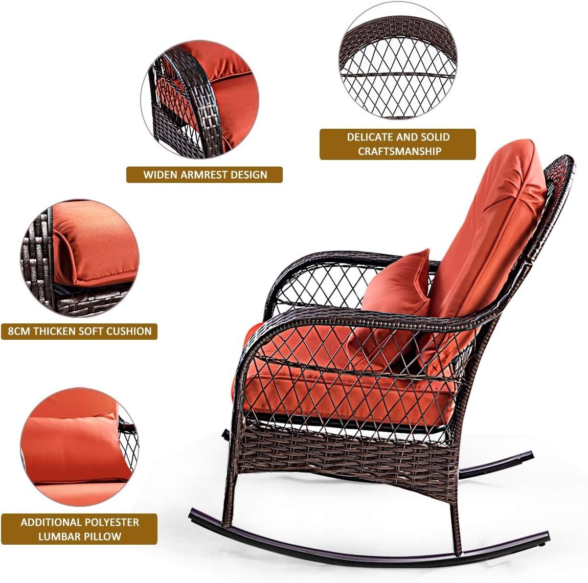 Outdoor Rattan Rocking Chair with Cushions & Lumbar Support, Red
