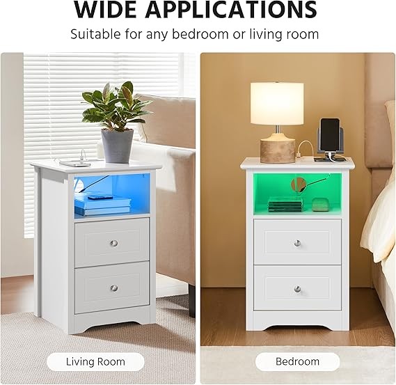 LED Bedside Tables Set of 2 with Charging Station, 2 USB Ports & Storage Drawers