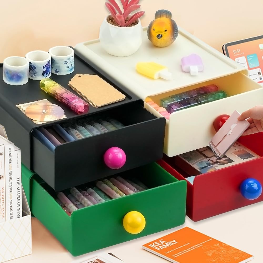 Pack of 4 Stackable Desk Organisers with Drawers – Office & Home Storage