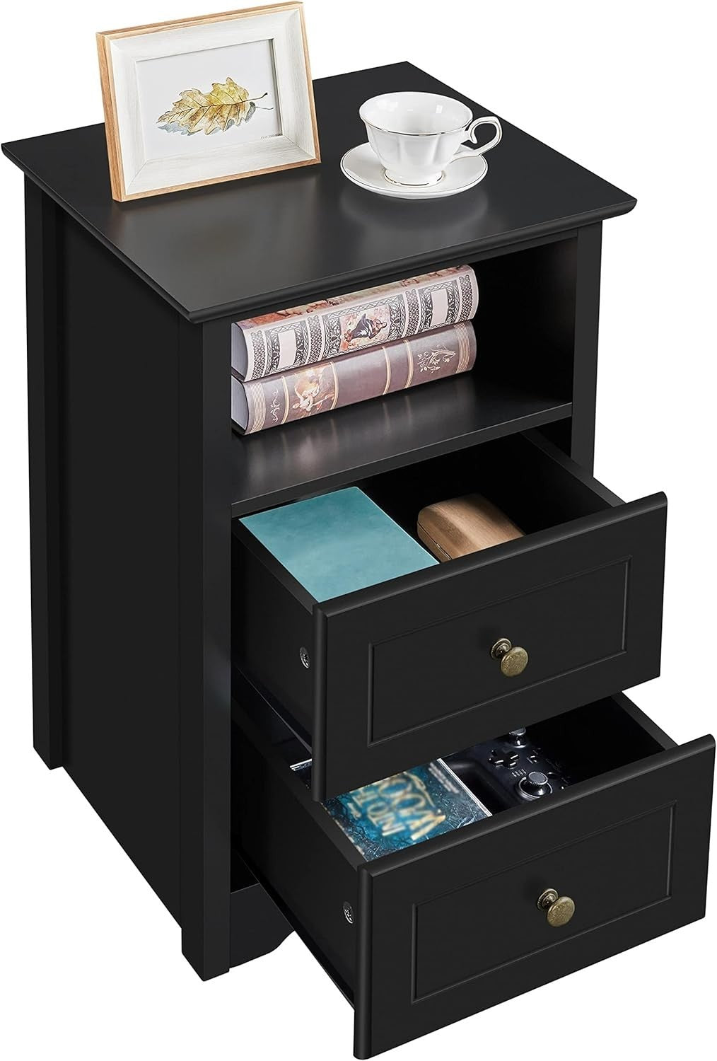 Black Bedside Tables Set of 2 – Wooden Nightstands with Drawers & Shelf