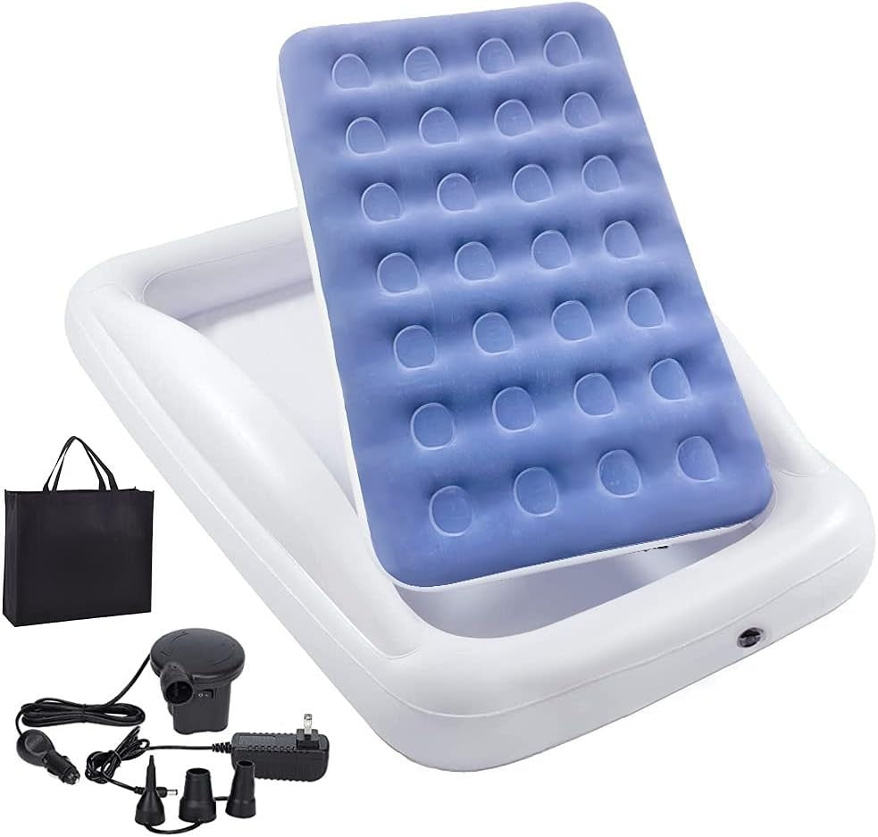 Inflatable Kids Travel Bed with Rails & Electric Pump | Toddler Mattress