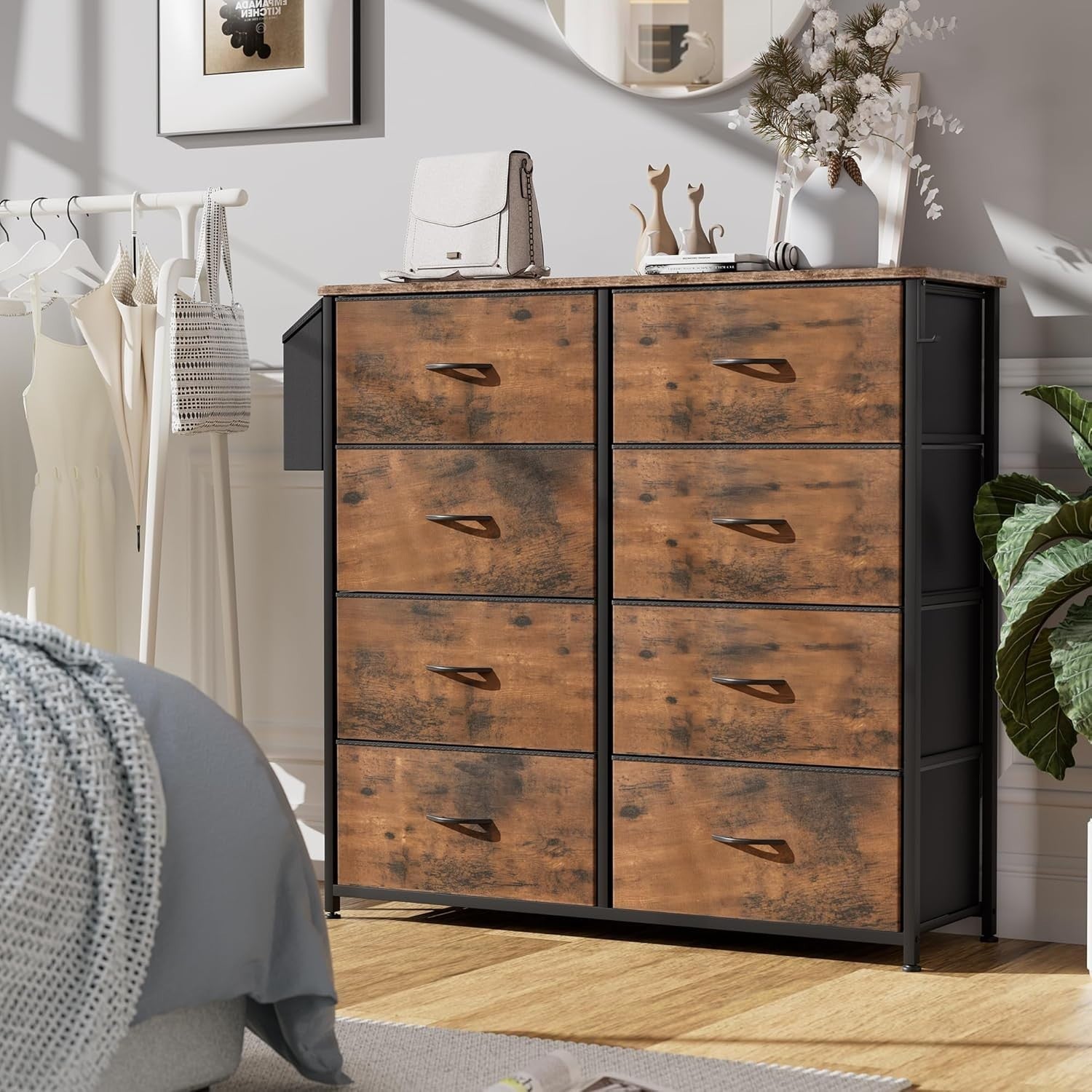 Rustic 8 Drawer Tall Fabric Storage Unit w/ Labels, Pocket & Wood Top