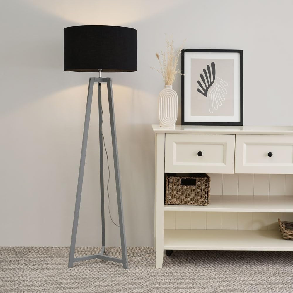 Grey Wooden Tripod Floor Lamp Black Fabric Drum Shade LED Light