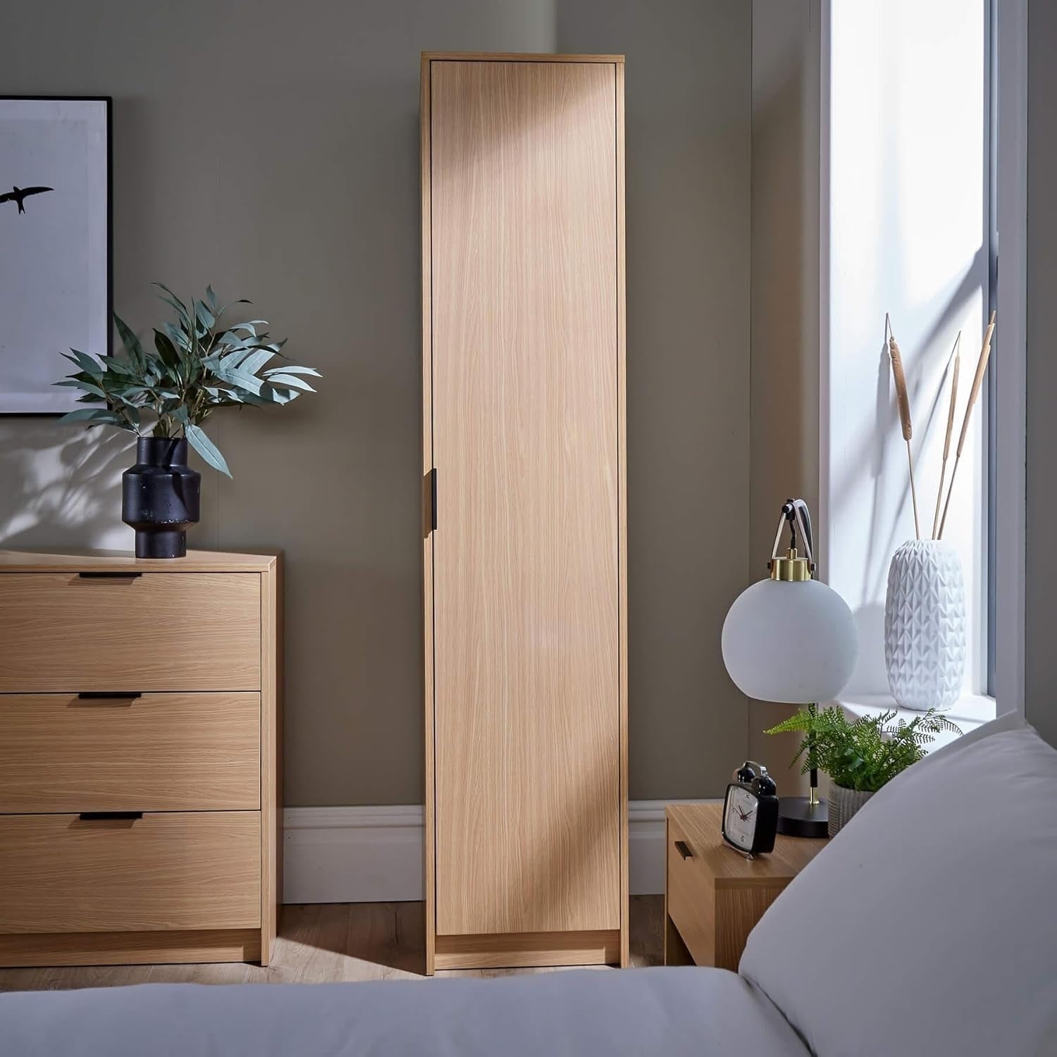 Slim Oak Effect 1-Door Wardrobe with Shelf & Hanging Rail – Compact Storage