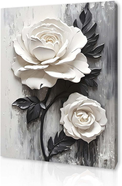 White Rose 3D Floral Canvas Wall Art 12x16 Framed Modern Bedroom Decor