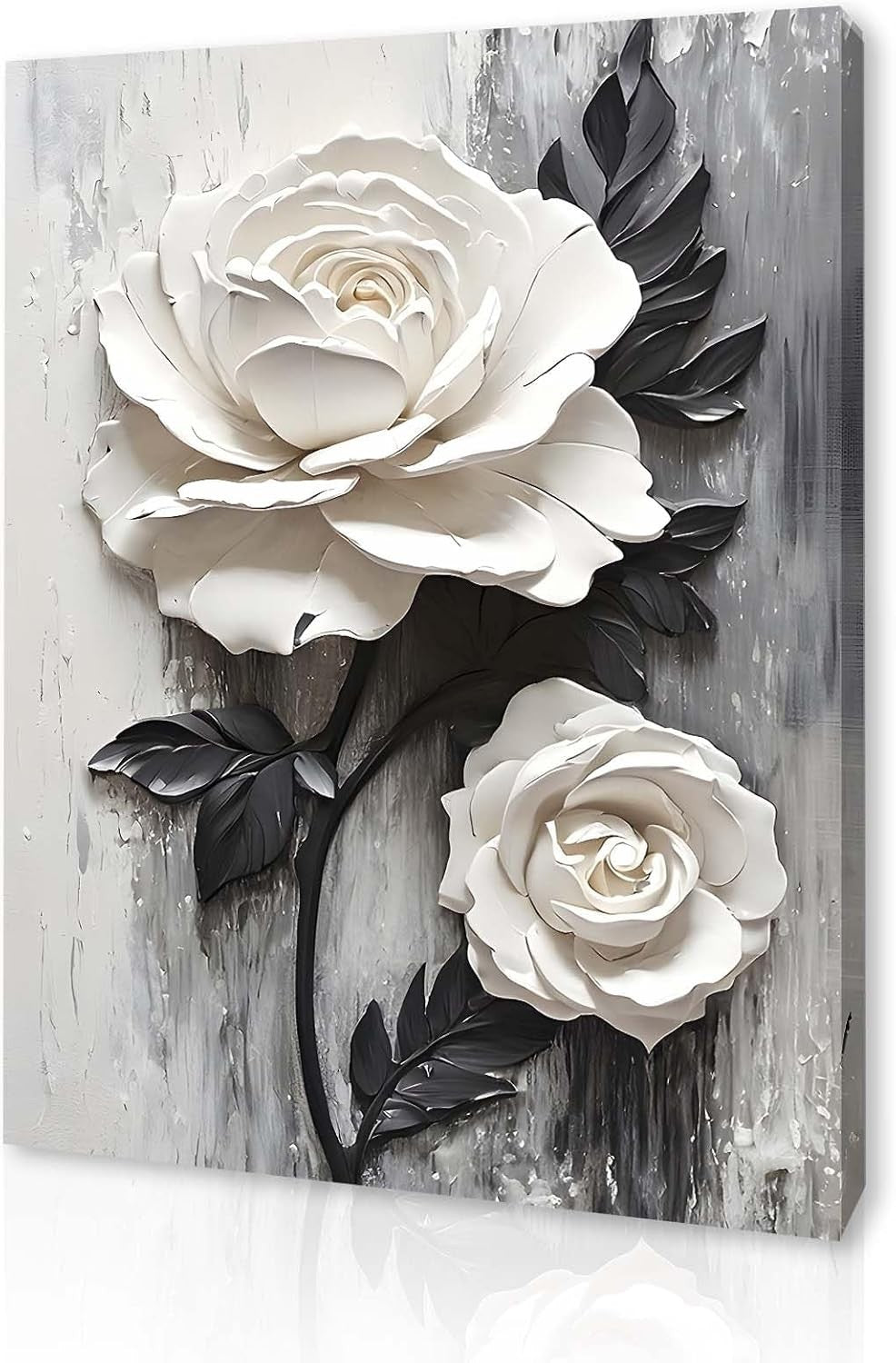 White Rose 3D Floral Canvas Wall Art 12x16 Framed Modern Bedroom Decor