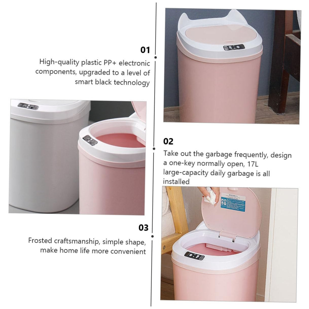 Touchless Sensor Bin 10L Automatic Trash Can Pink Quiet Rechargeable