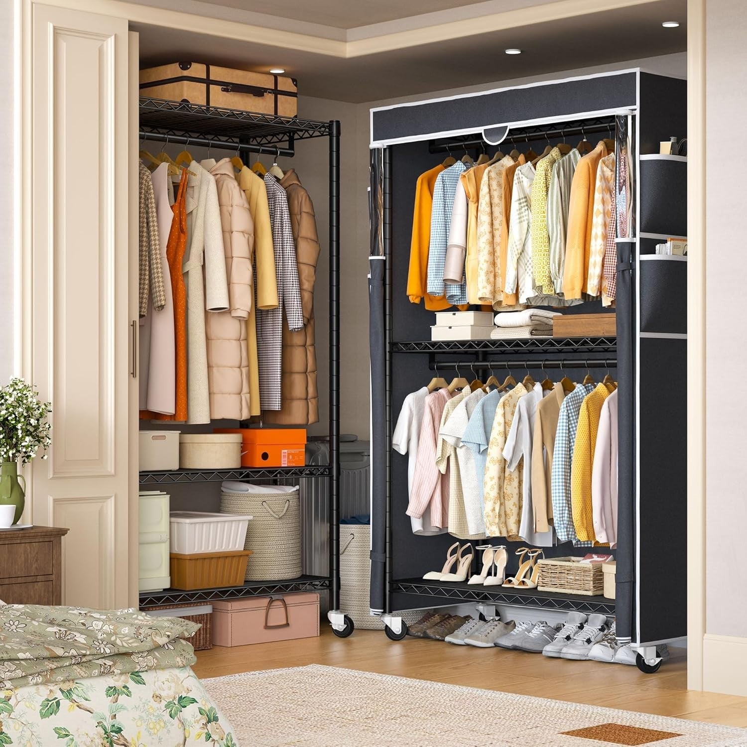 Heavy Duty Clothes Rail with Cover & Shelves – Black 204cm