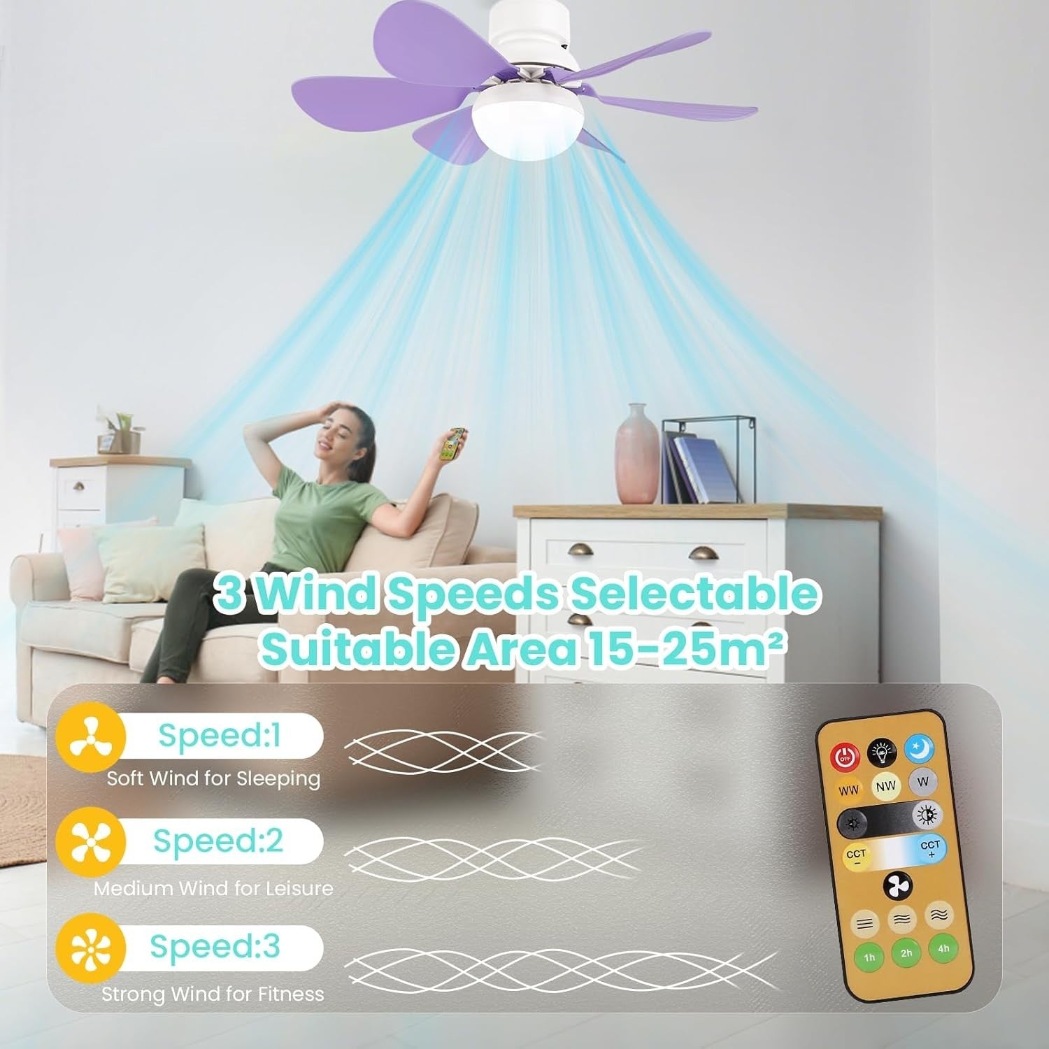 30W Ceiling Fan with Lights Dimmable 6 Blades 3 Colors 3 Speeds Purple