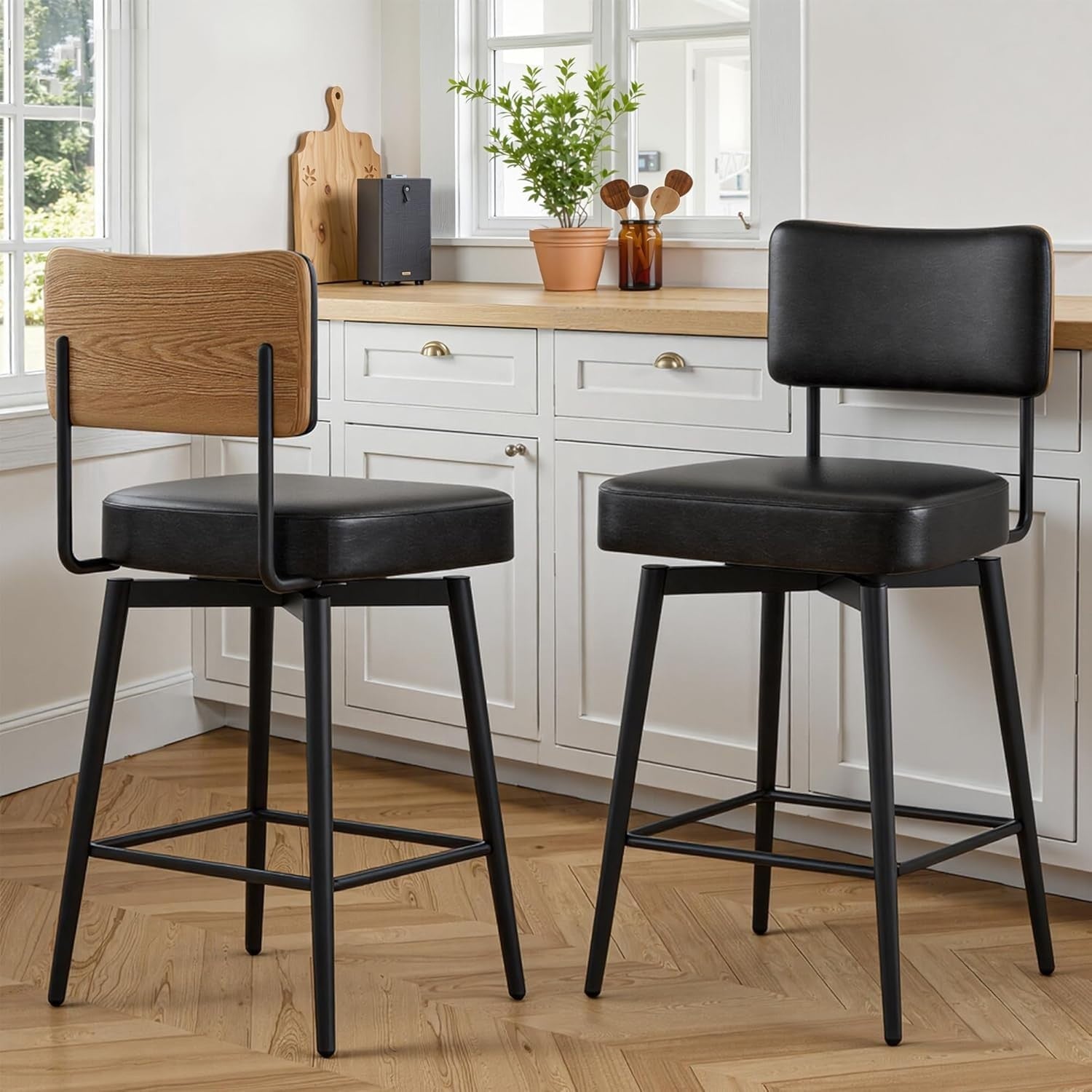Swivel Bar Stools Set of 2 | Black PU Leather L-Shaped Counter Chairs