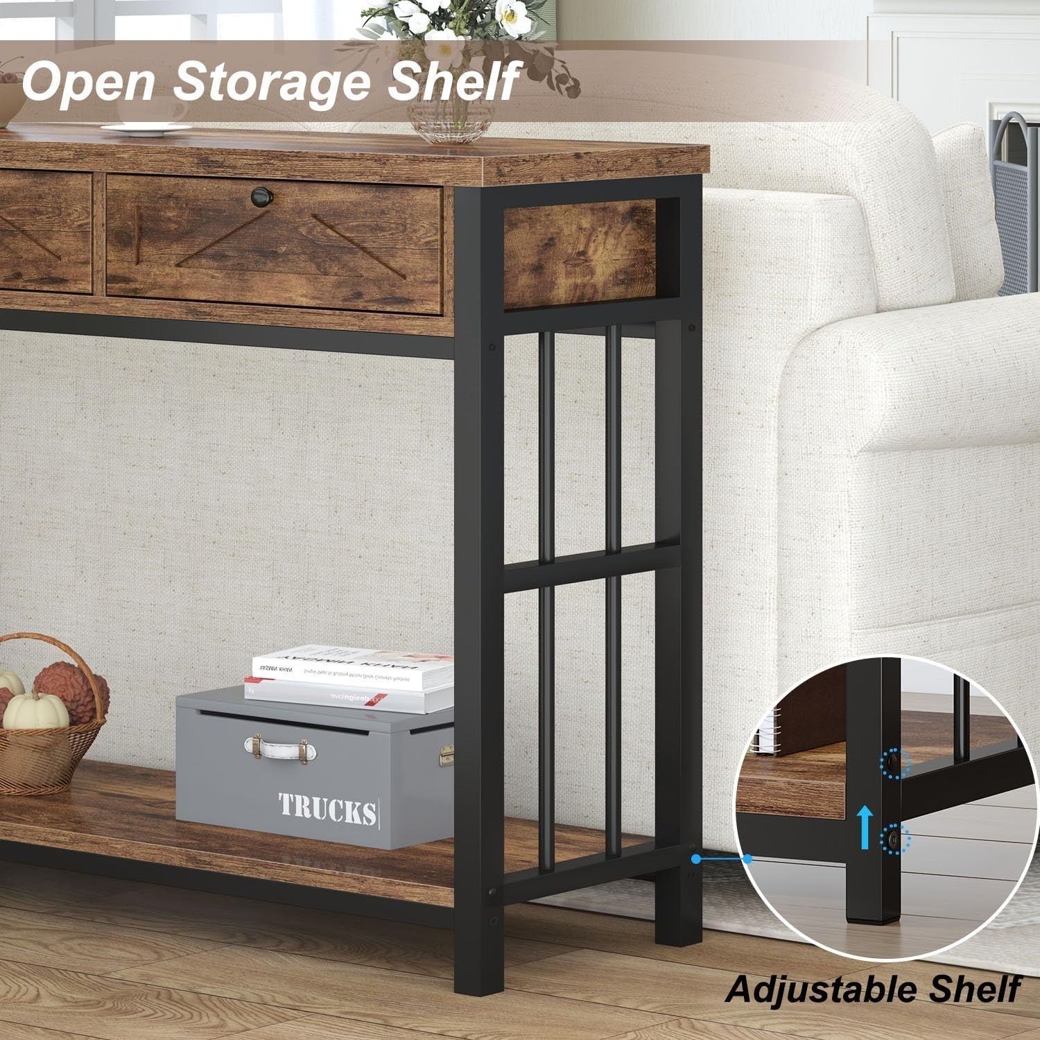 Rustic Entryway Console Table with 3 Drawers & Open Shelf, 140x34x80cm