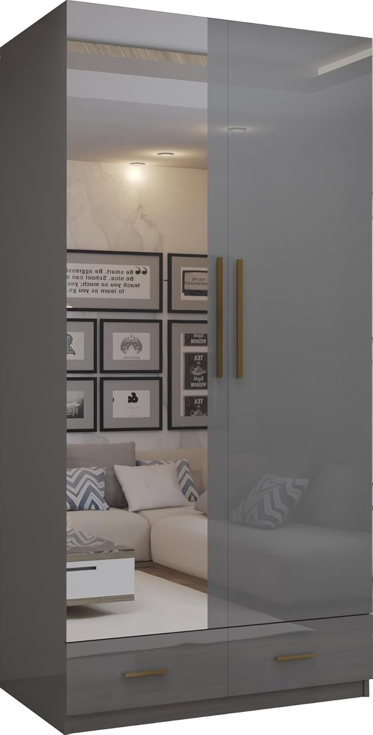 Grey Gloss Wardrobe Mirror Drawers Gold Handles 2 Door 90cm Storage
