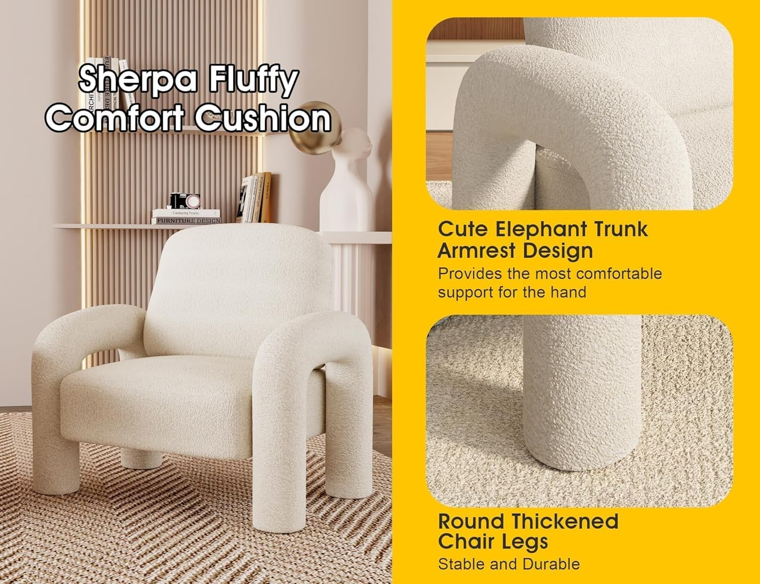 Sherpa Accent Armchair Teddy Upholstered Lounge Reading Chair Cream