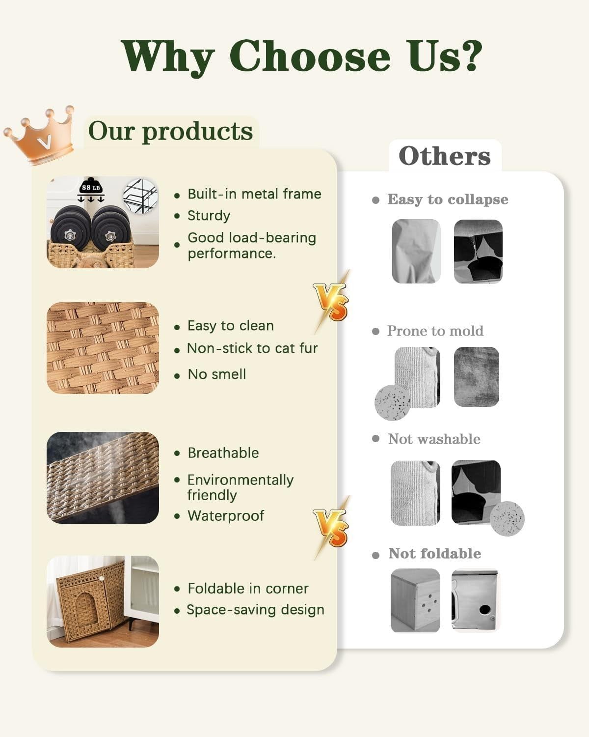 Handwoven Rattan Cat Cave Foldable Indoor Kitten Bed Hideaway Cube
