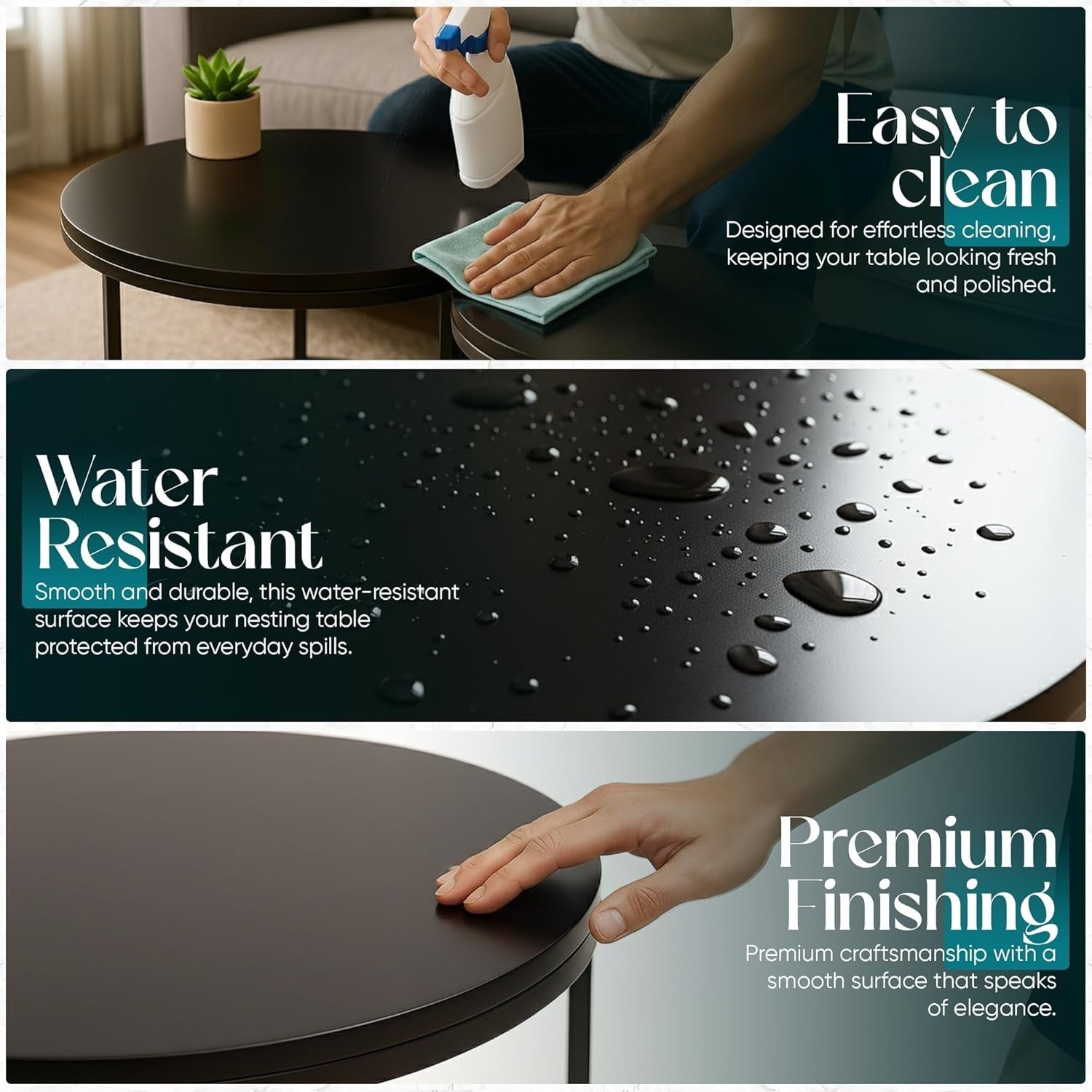 Round Nesting Coffee Tables Set for Living Room, Black Metal & Wood, Stackable
