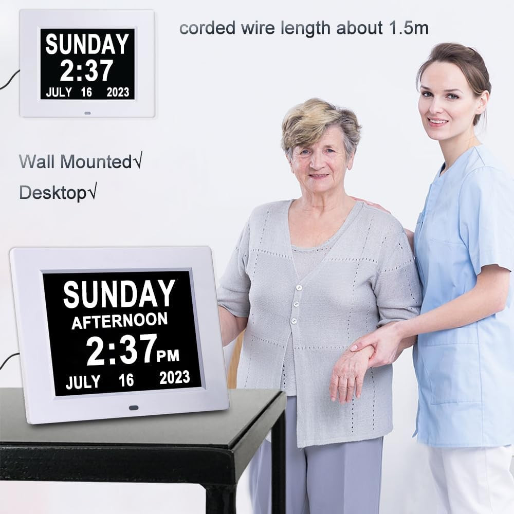 8 Inch Large Digital Dementia Clock Day Date Time White Seniors Display