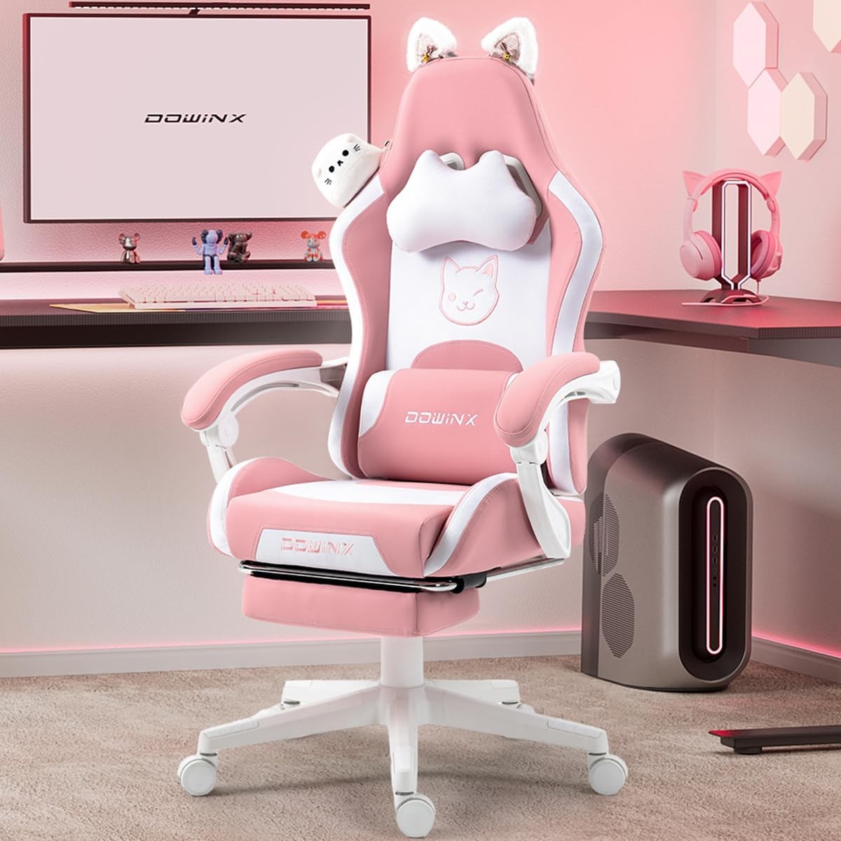 Cute Cat Ear Gaming Chair Massage Lumbar Footrest Pink 290lbs
