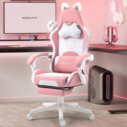 Cute Cat Ear Gaming Chair Massage Lumbar Footrest Pink 290lbs