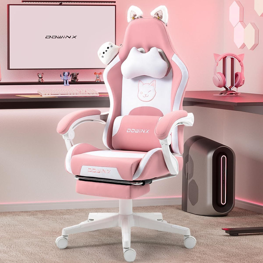Cute Cat Ear Gaming Chair Massage Lumbar Footrest Pink 290lbs