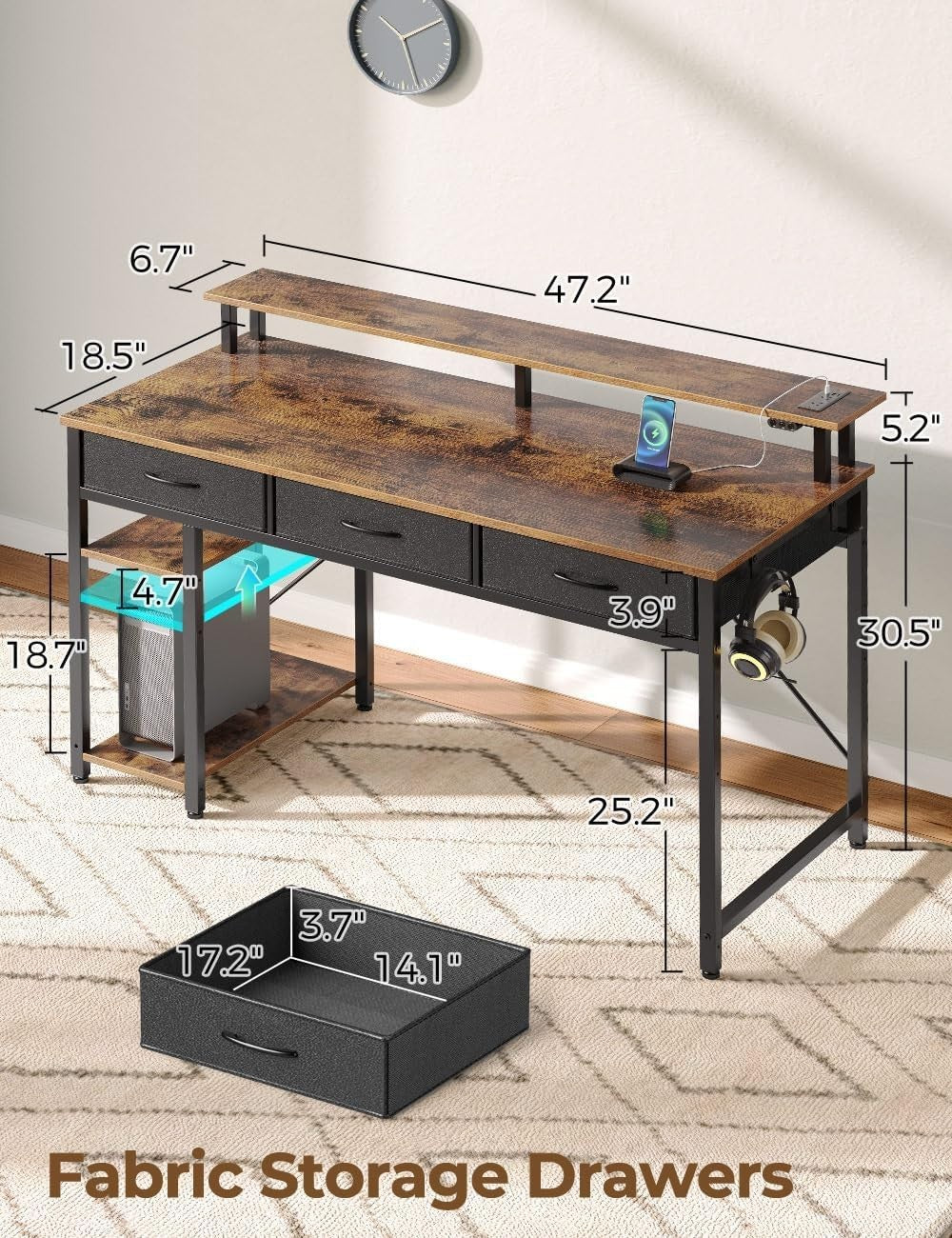 Rustic Brown 120cm Computer Desk w/Drawers, LED Lights & Power Outlets