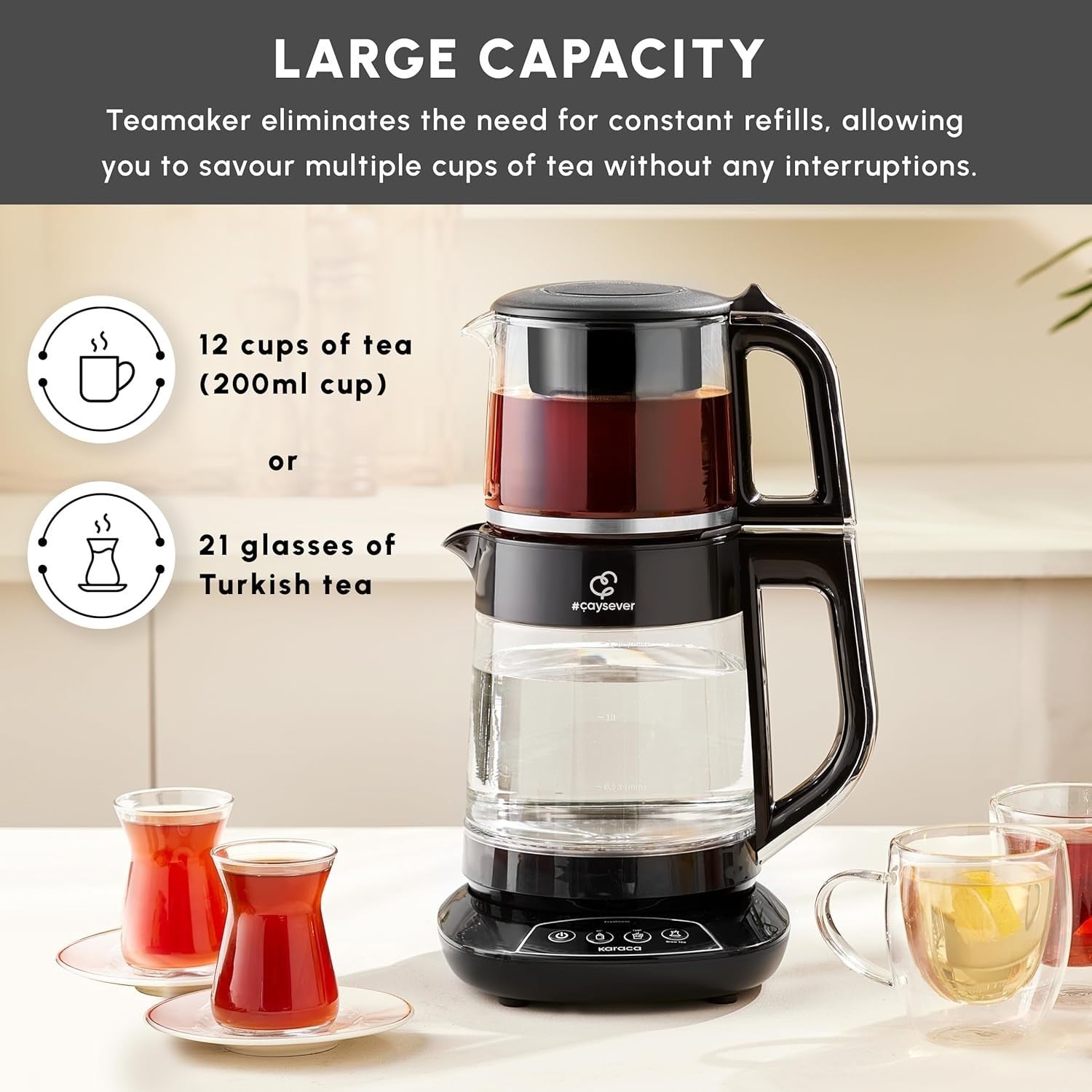 Smart Turkish Tea Maker 1.5L Kettle 0.8L Glass Teapot 1700W