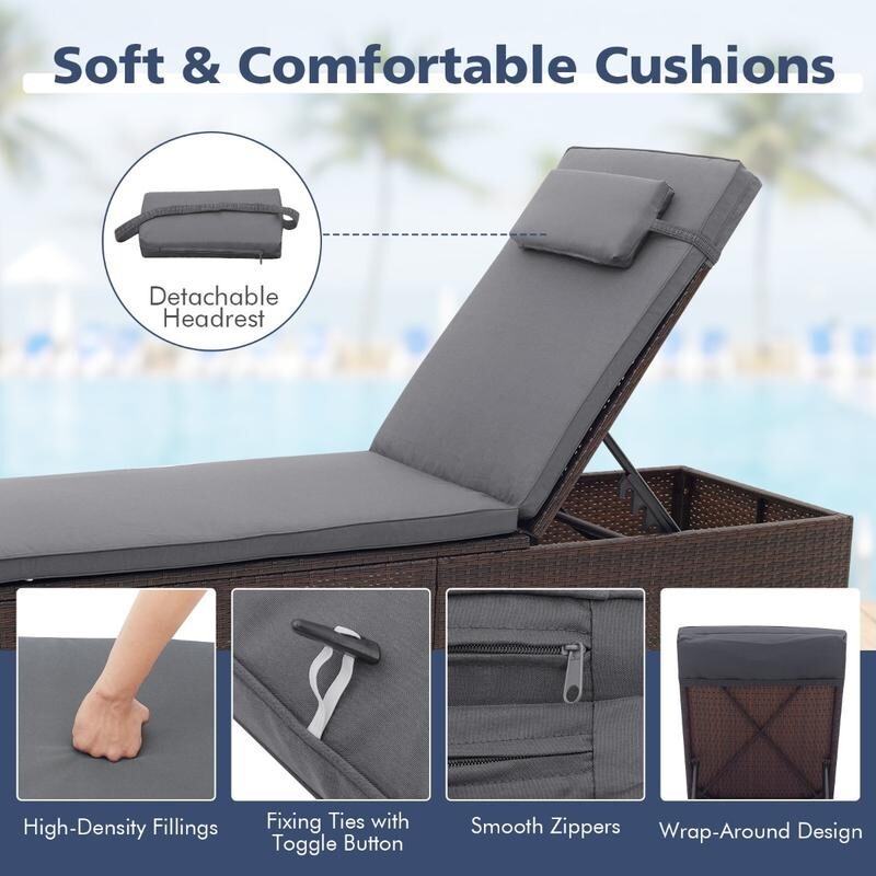 Outdoor Rattan Sun Lounger with Cushion & Table Recliner Chair 6-Position