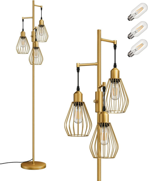 Dimmable Industrial Floor Lamp with Wire Cage Shades & 3 LED Bulbs Gold