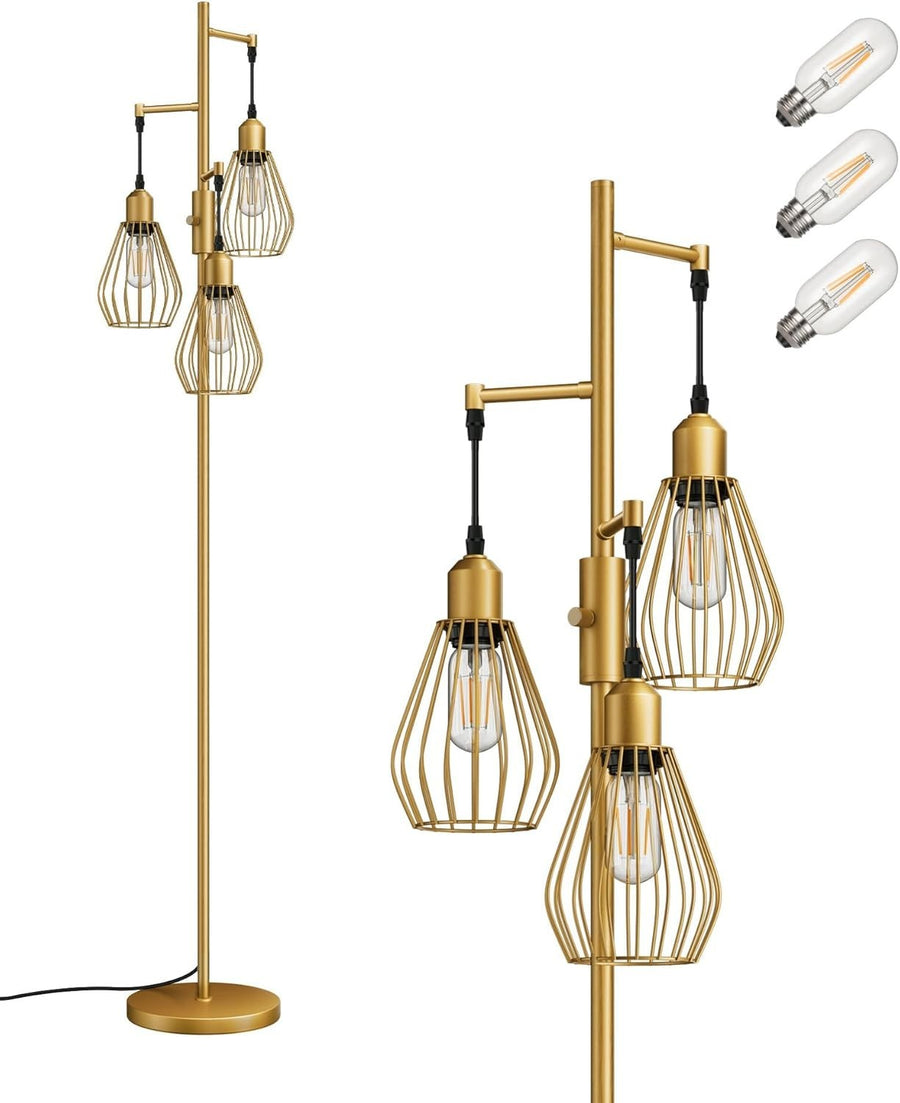 Dimmable Industrial Floor Lamp with Wire Cage Shades & 3 LED Bulbs Gold