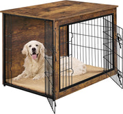 Rustic Brown Medium Dog Crate Furniture with Cushion & Double Doors 96x65x67.5cm