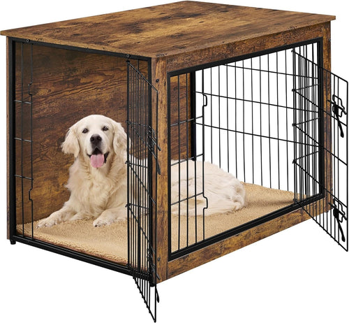 Rustic Brown Medium Dog Crate Furniture with Cushion & Double Doors 96x65x67.5cm