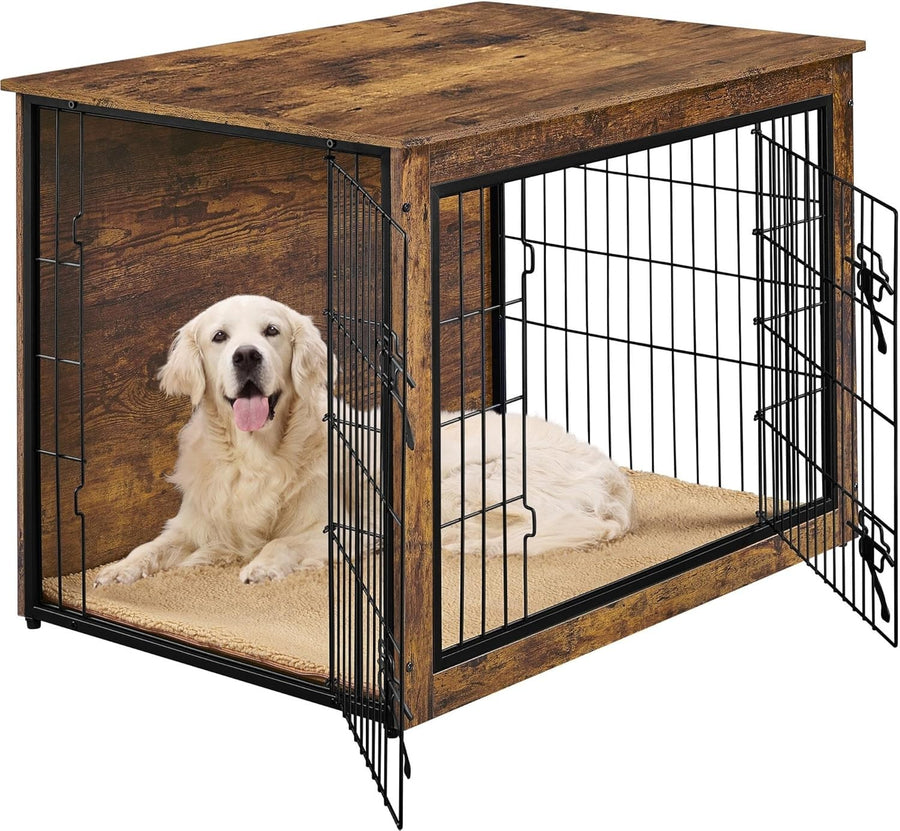 Rustic Brown Medium Dog Crate Furniture with Cushion & Double Doors 96x65x67.5cm