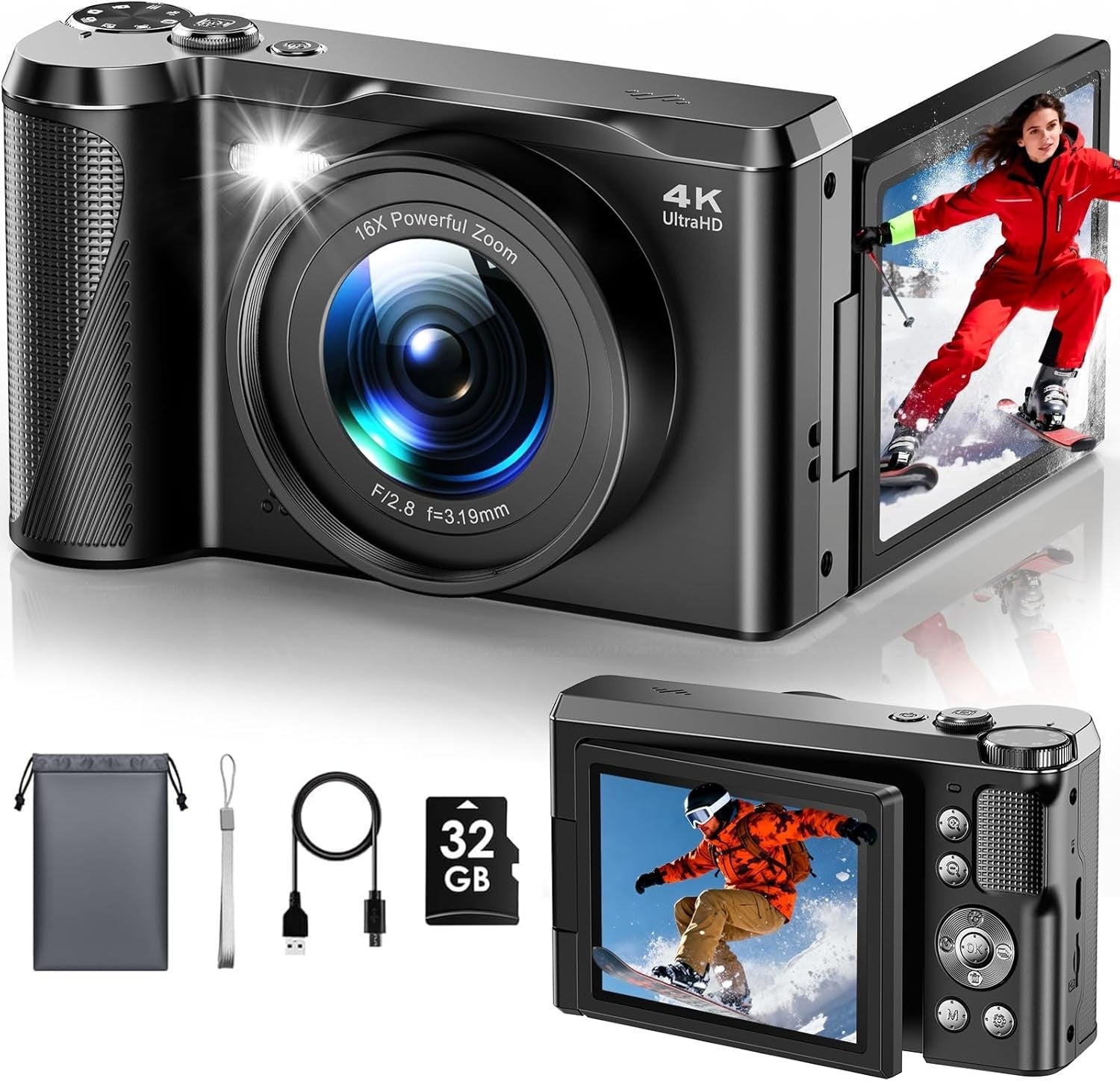 4K 56MP Vlogging Camera Flip Screen Zoom Retro Camera w SD Card