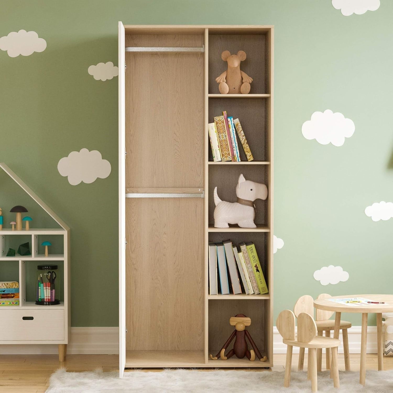 Children’s Wardrobe with Shelves & Rail, White Oak Kids Storage Cabinet