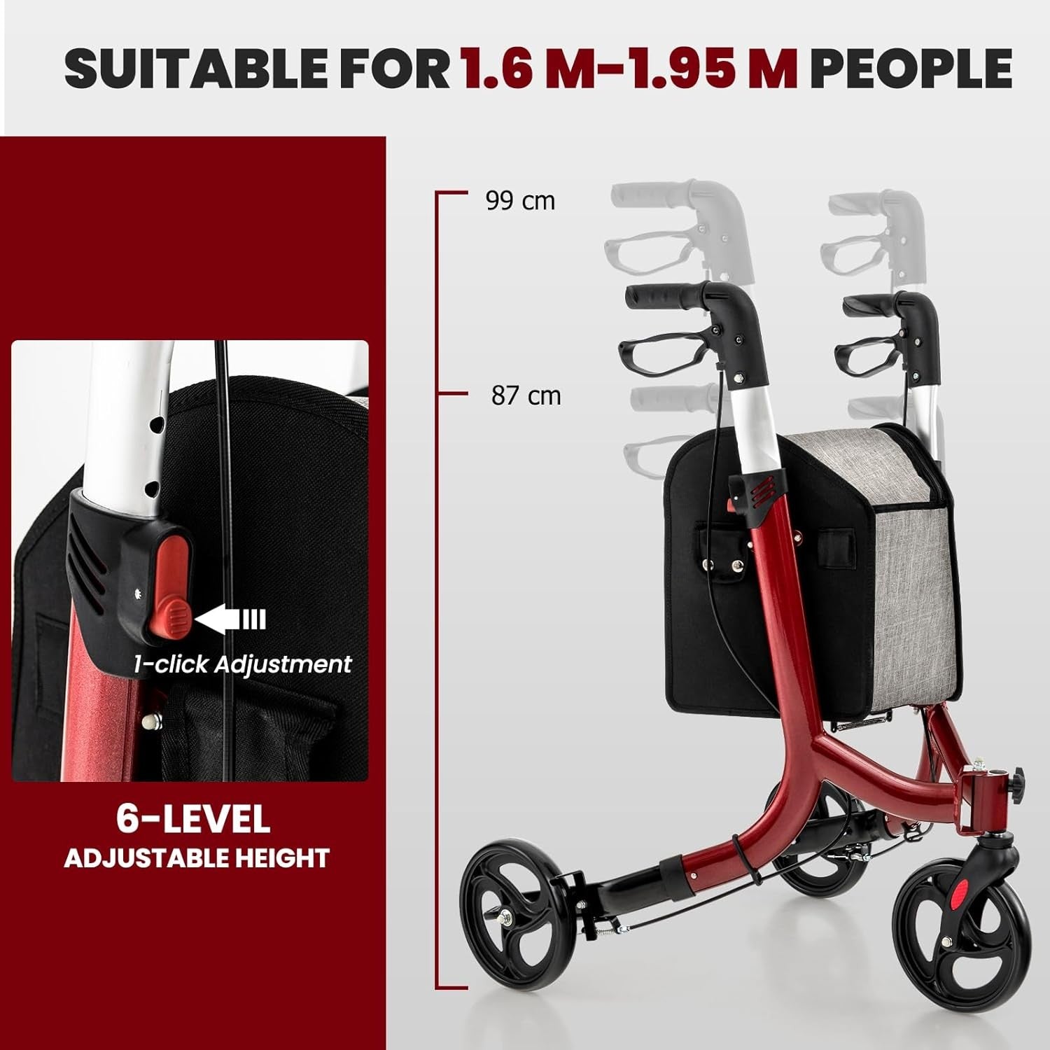 3 Wheel Folding Rollator Walker Lightweight Adjustable Mobility Aid Brakes