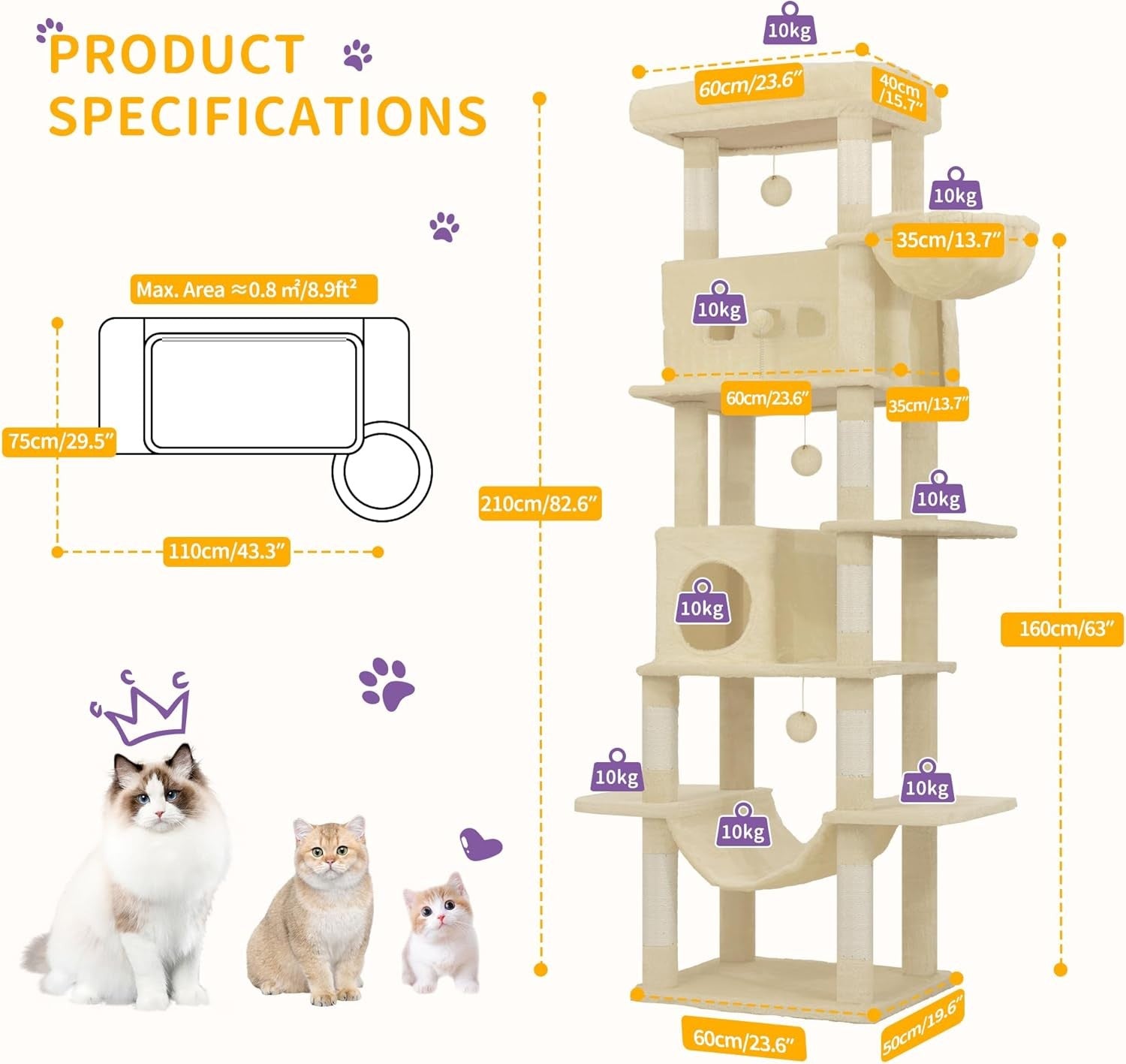 Large Cat Tree 210cm Tall Multi Level Tower with Condo Hammock Scratch Posts