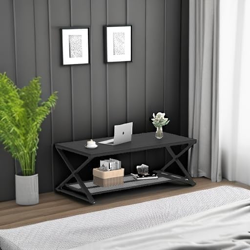 Modern Black Oak Coffee Table with Shelf – Industrial 2 Tier Rectangular Center