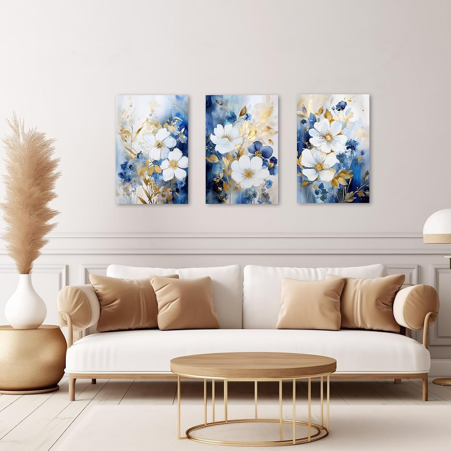 Navy Blue Floral Wall Art Set of 3 Framed 11x14in