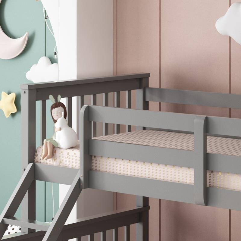 Kids Grey Bunk Bed 3FT Single Over 4FT6 Double Wooden Trio Bed Frame