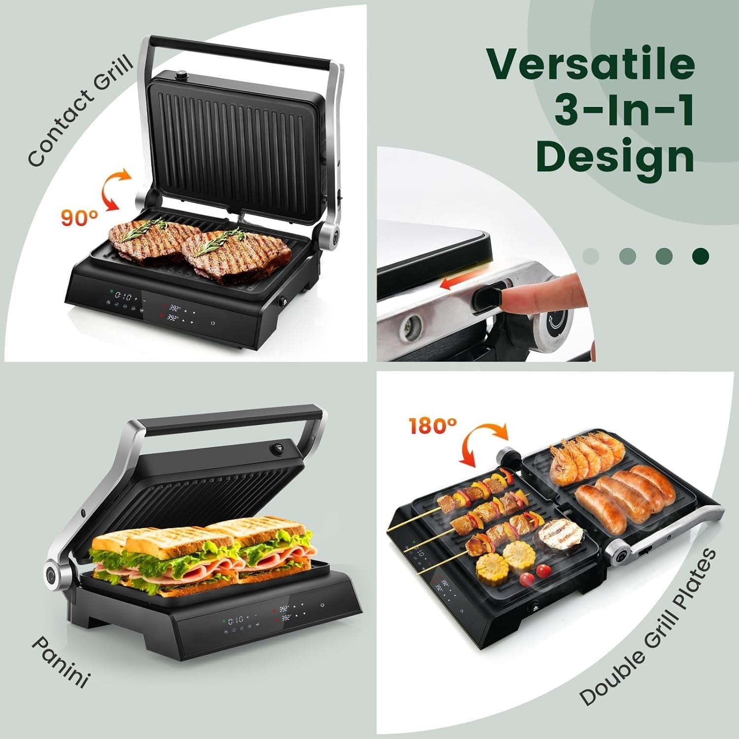 3-in-1 Panini Maker Sandwich Grill 1200W Adjustable Plates Timer 4H glass top