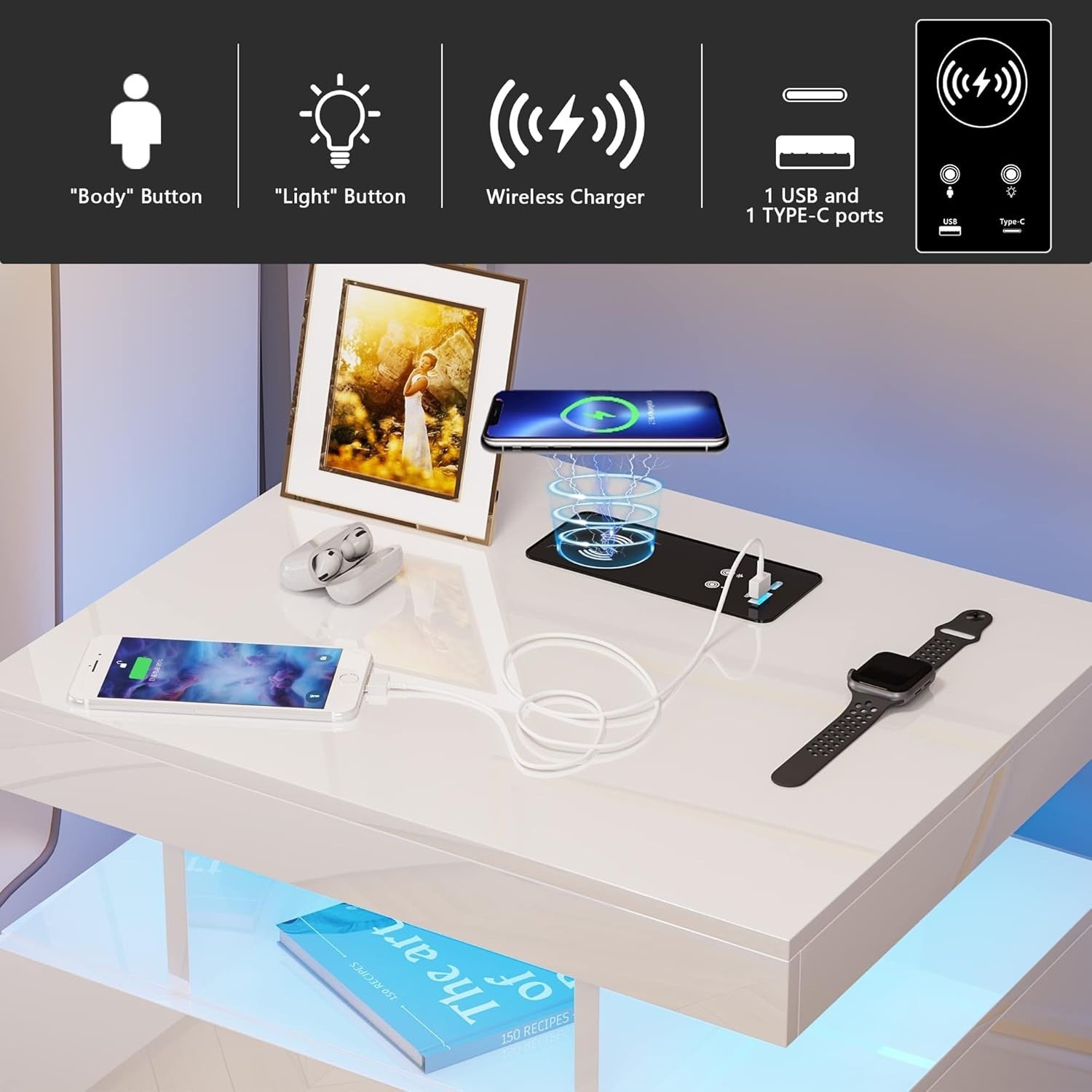 Modern LED Bedside Table with Wireless Charging | White 2 Drawer Nightstand