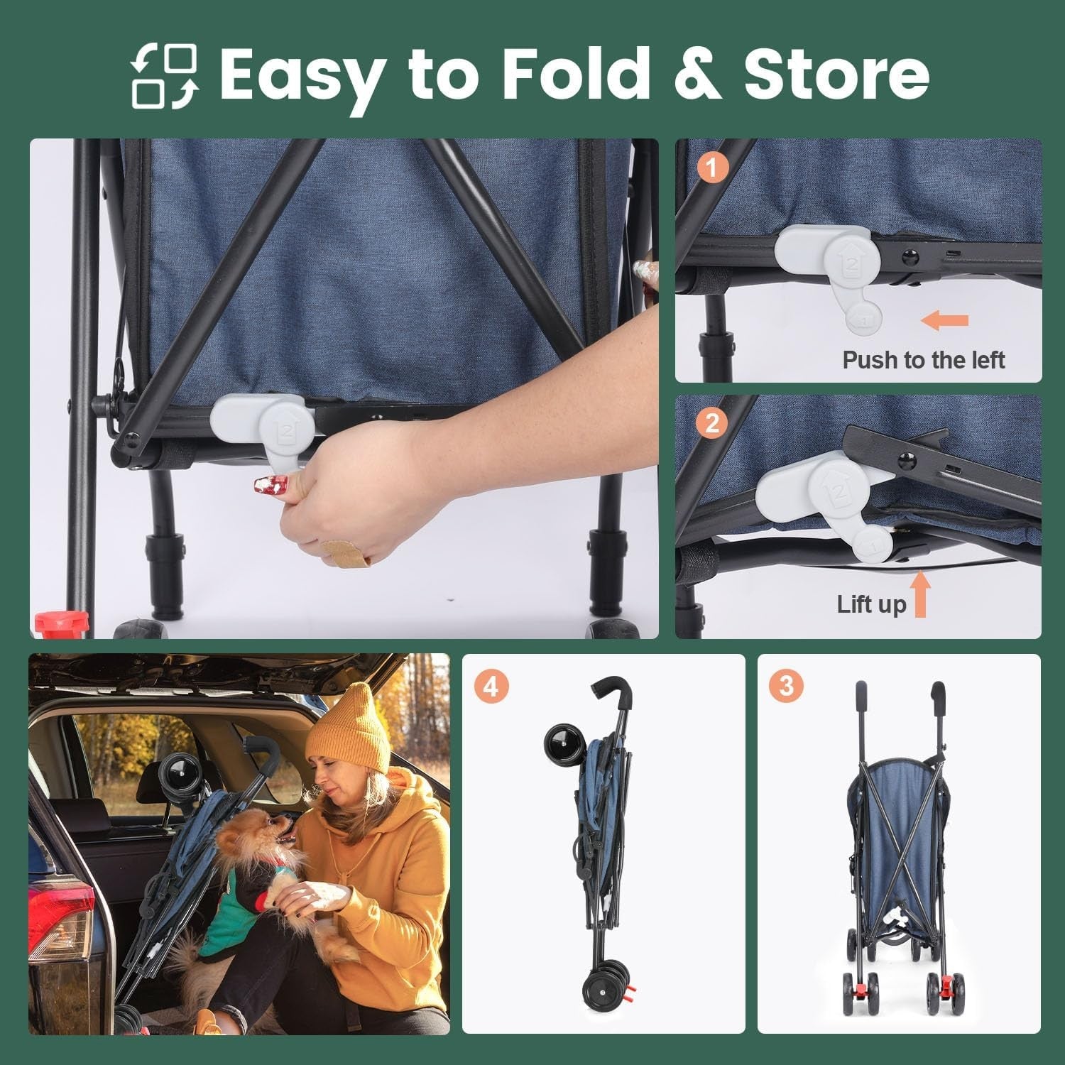 3 in 1 Pet Stroller Folding Dog Cat Pushchair 4 Wheel Travel Pram Navy