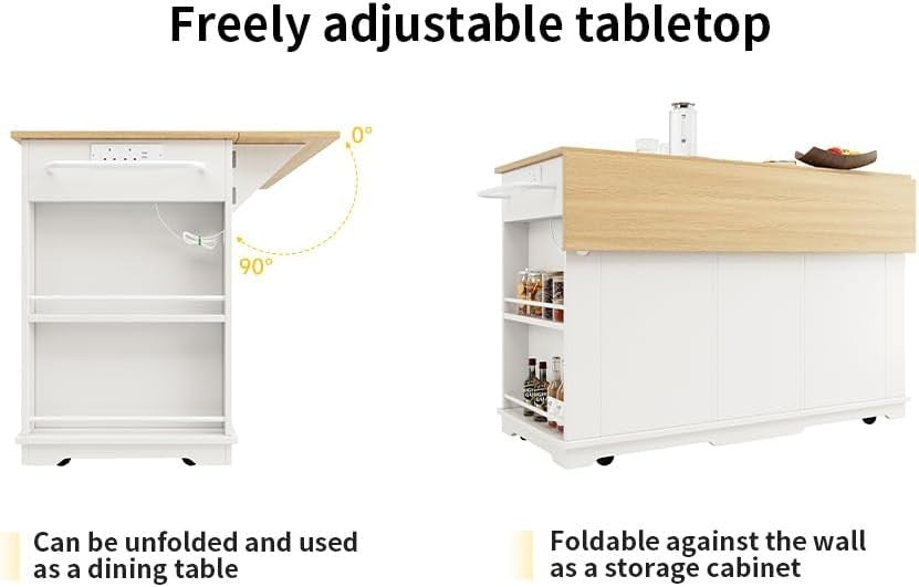 Kitchen Island Trolley with Foldable Side & Drawers White 151.5x84.7x91.7cm