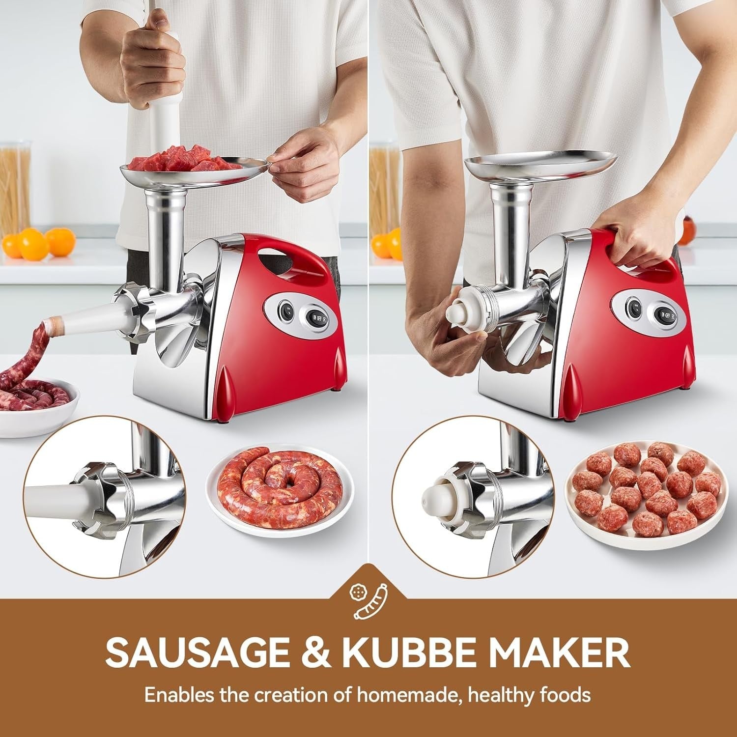 2800W Electric Meat Grinder Meat Mincer Sausage Maker 3 Steel Plates Red