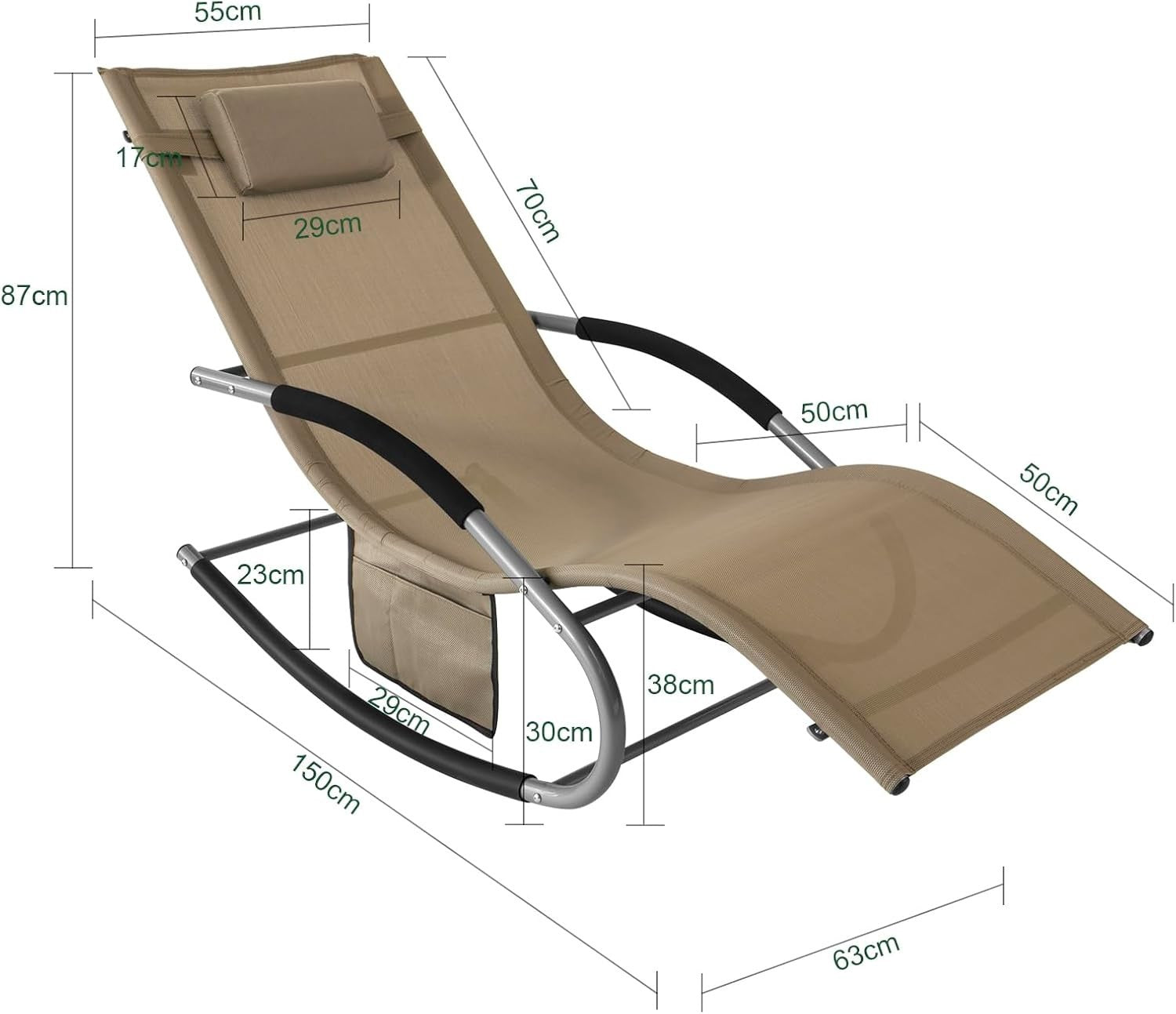 Outdoor Garden Recliner Chair with Cushioned Pillow, Side Pocket & Rocking