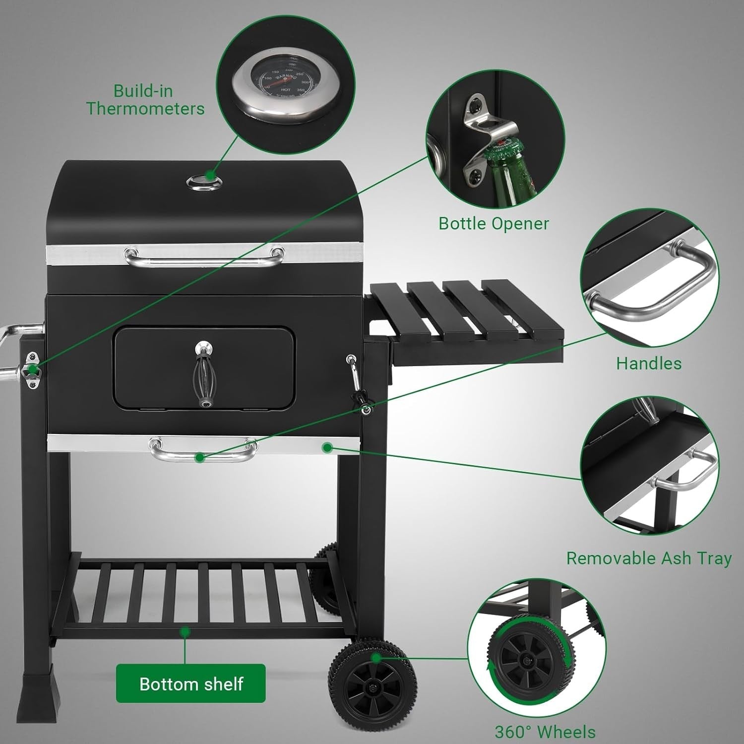 Portable Charcoal BBQ Grill with Folding Side Table, Height Adjustable Tray