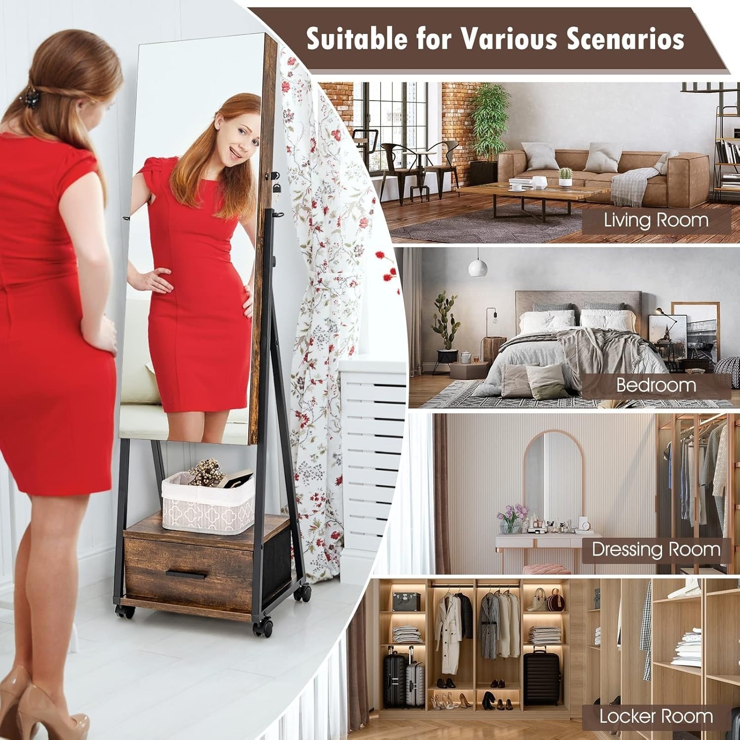 Mobile Jewelry Cabinet with Wheels Lockable Full Length Mirror Organizer