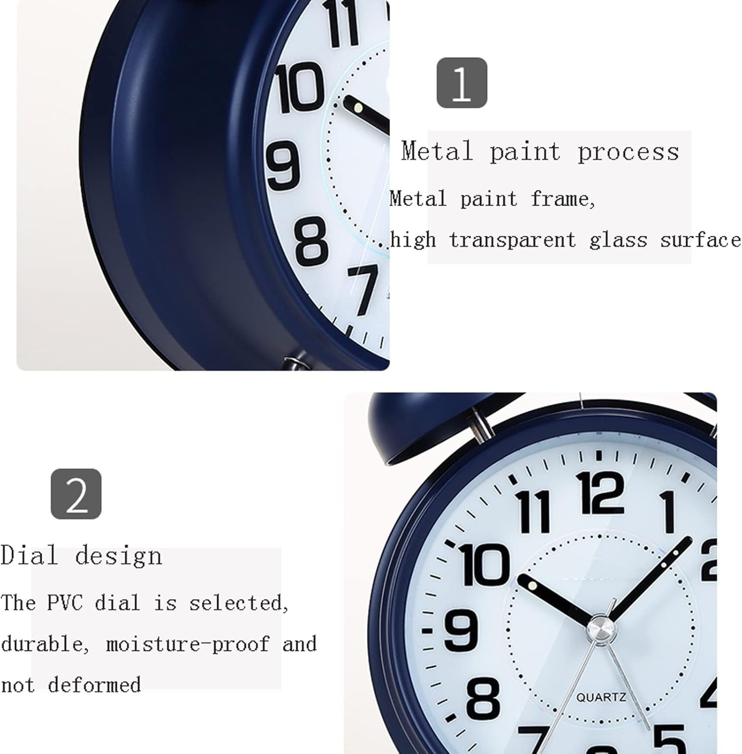 4.5 Inch Metal Twin Bell Alarm Clock Loud Silent Non Ticking Backlight