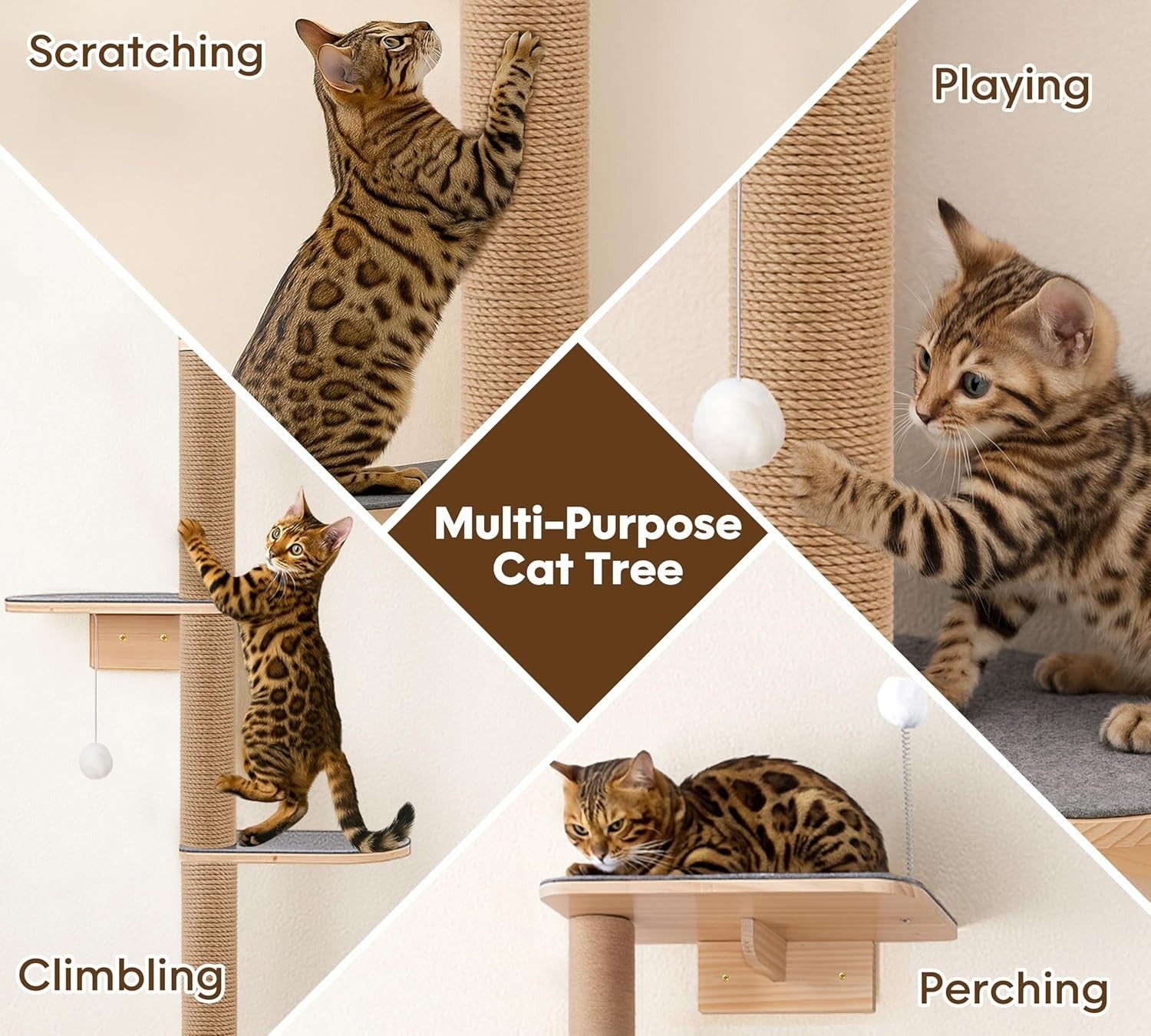 Wall Mounted Cat Tree 210cm 5 Tier Scratching Post Tall Cat Climbing Tower