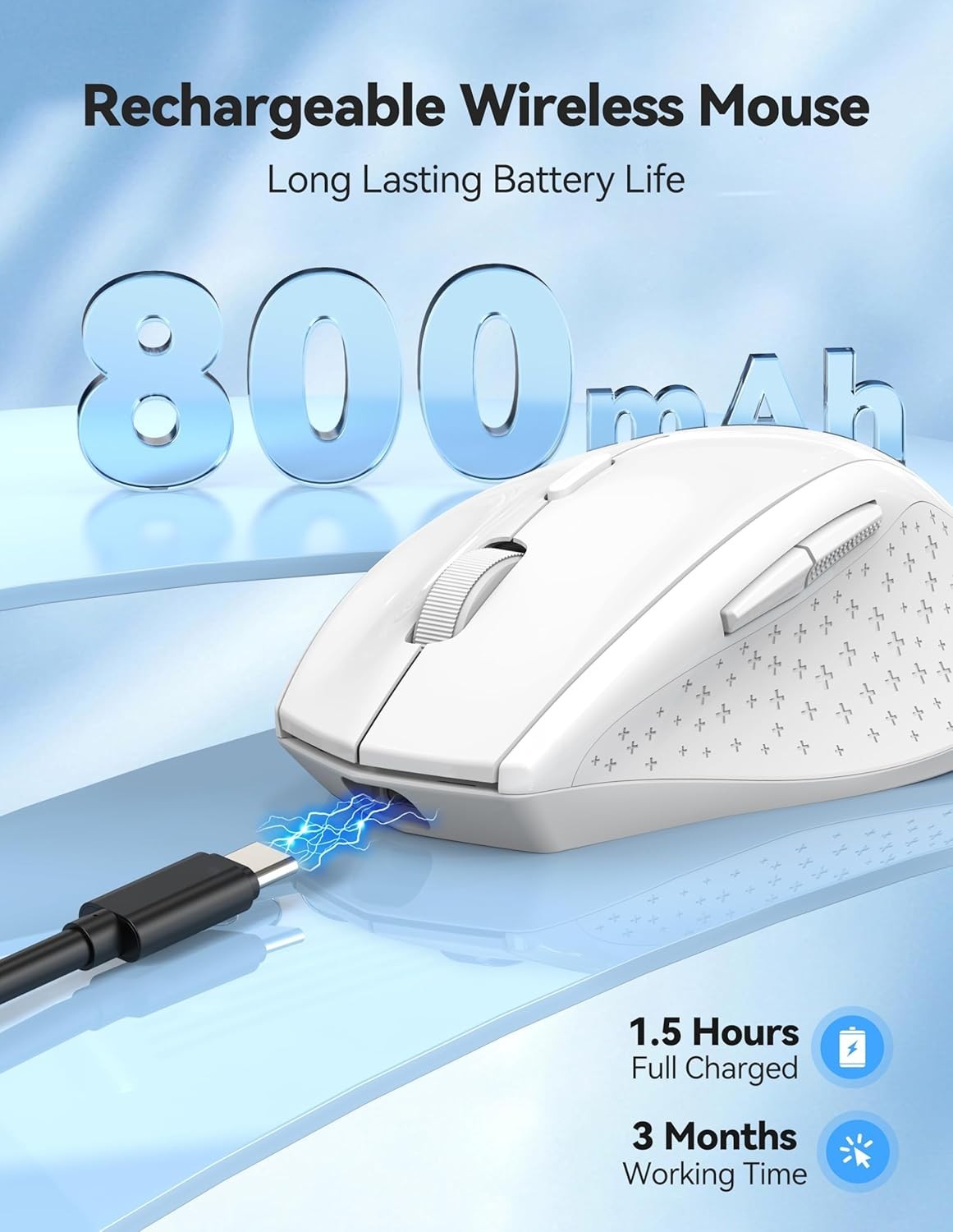 White Rechargeable Wireless Mouse 6400 DPI Silent Ergonomic USB for Laptop PC